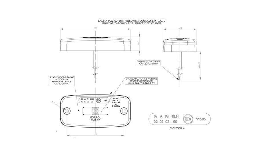 Luce laterale FLATPOINT II arancione con staffa verso catadiottro e cavo da 1,5 m.