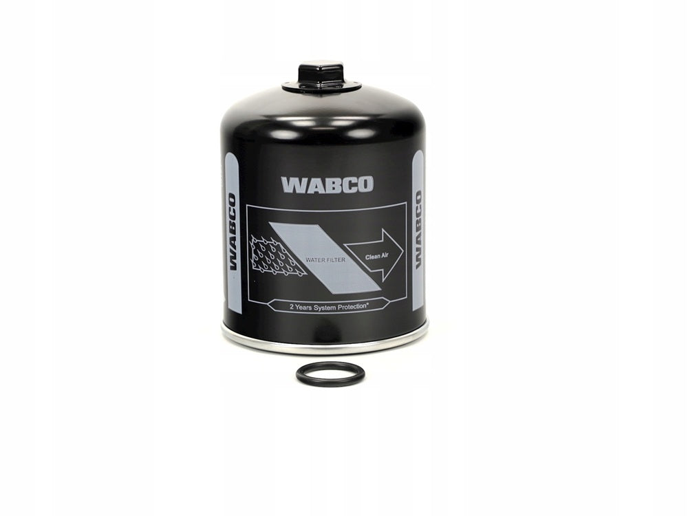 Filtro essiccatore Wabco nero in vista frontale, con logo e anello di tenuta separato