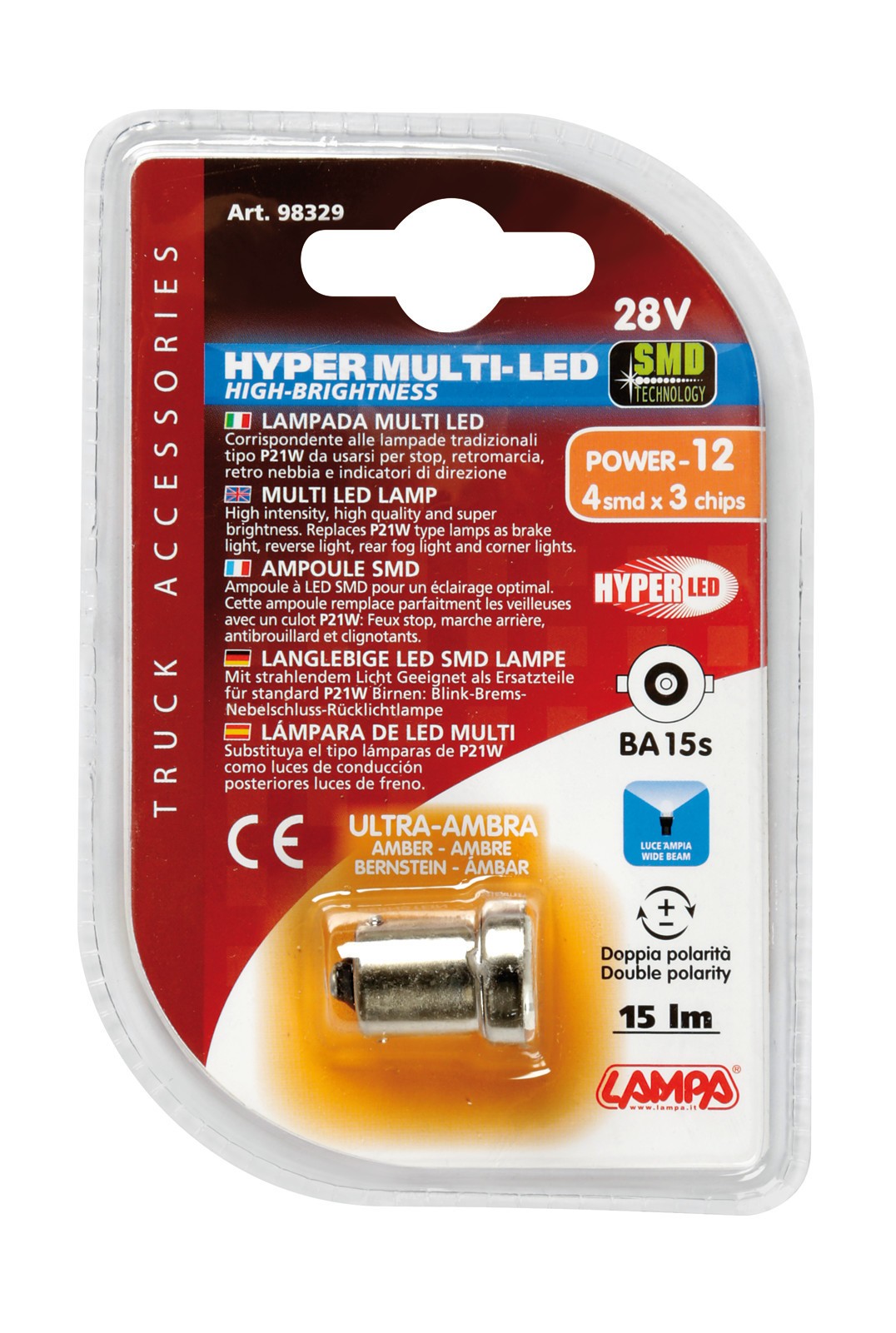 24/28V Hyper-Led 12 - 4 SMD x 3 chips - (P21W) - BA15s - 1 pz - D/Blister - Arancio - Doppia polaritÃ