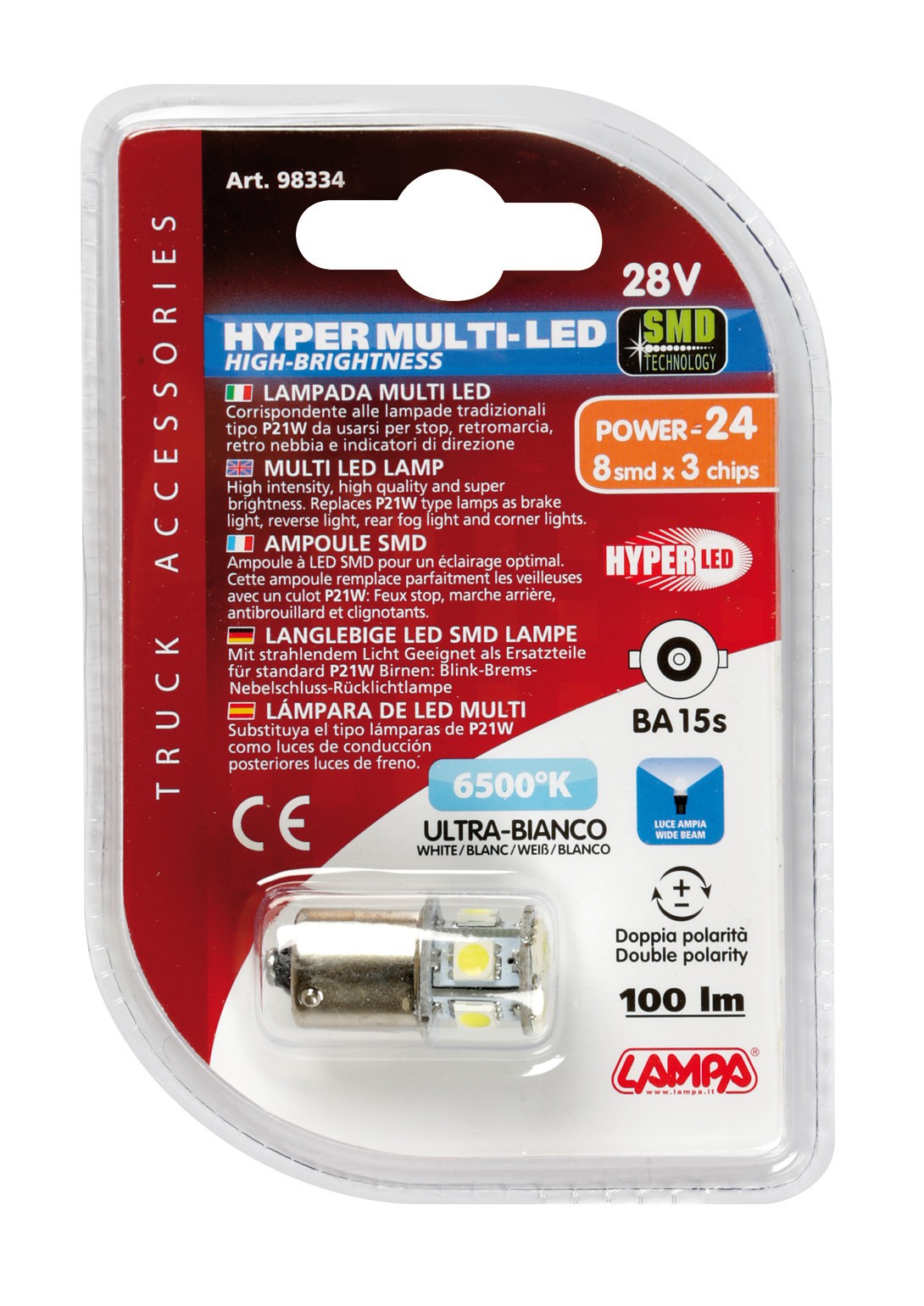24/28V Hyper-Led 24 - 8 SMD x 3 chips - (P21W) - BA15s - 1 pz - D/Blister - Bianco - Doppia polaritÃ