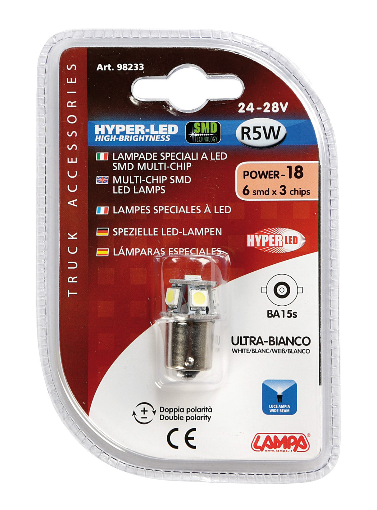 24/28V Hyper-Led 18 - 6 SMD x 3 chips - (R5W) - BA15s - 1 pz - D/Blister - Bianco - Doppia polaritÃ