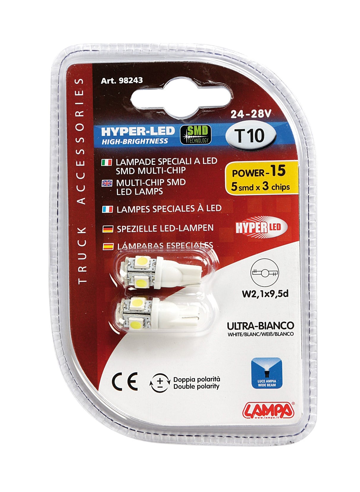 24/28V Hyper-Led 15 - 5 SMD x 3 chips - (T10) - W2,1x9,5d - 2 pz - D/Blister - Bianco - Doppia polaritÃ