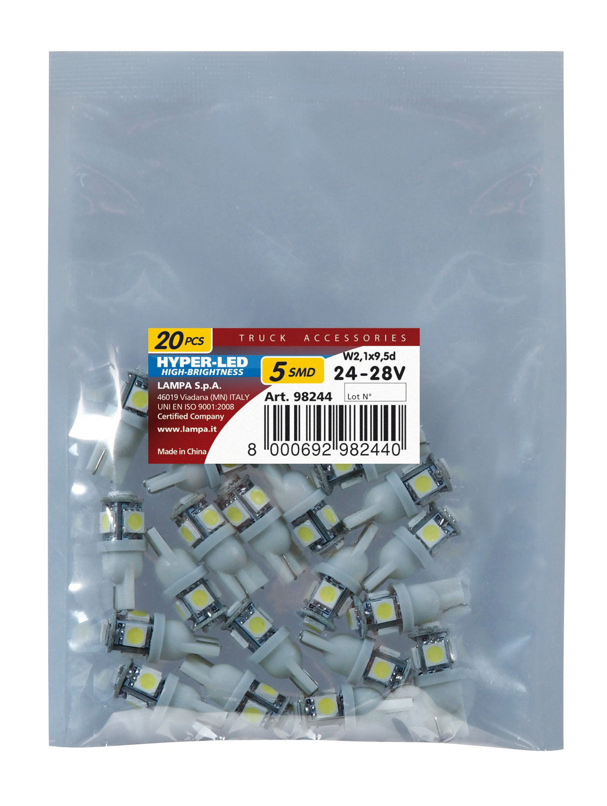 24/28V Hyper-Led 15 - 5 SMD x 3 chips - (T10) - W2,1x9,5d - 20 pz - Busta - Bianco - Doppia polaritÃ