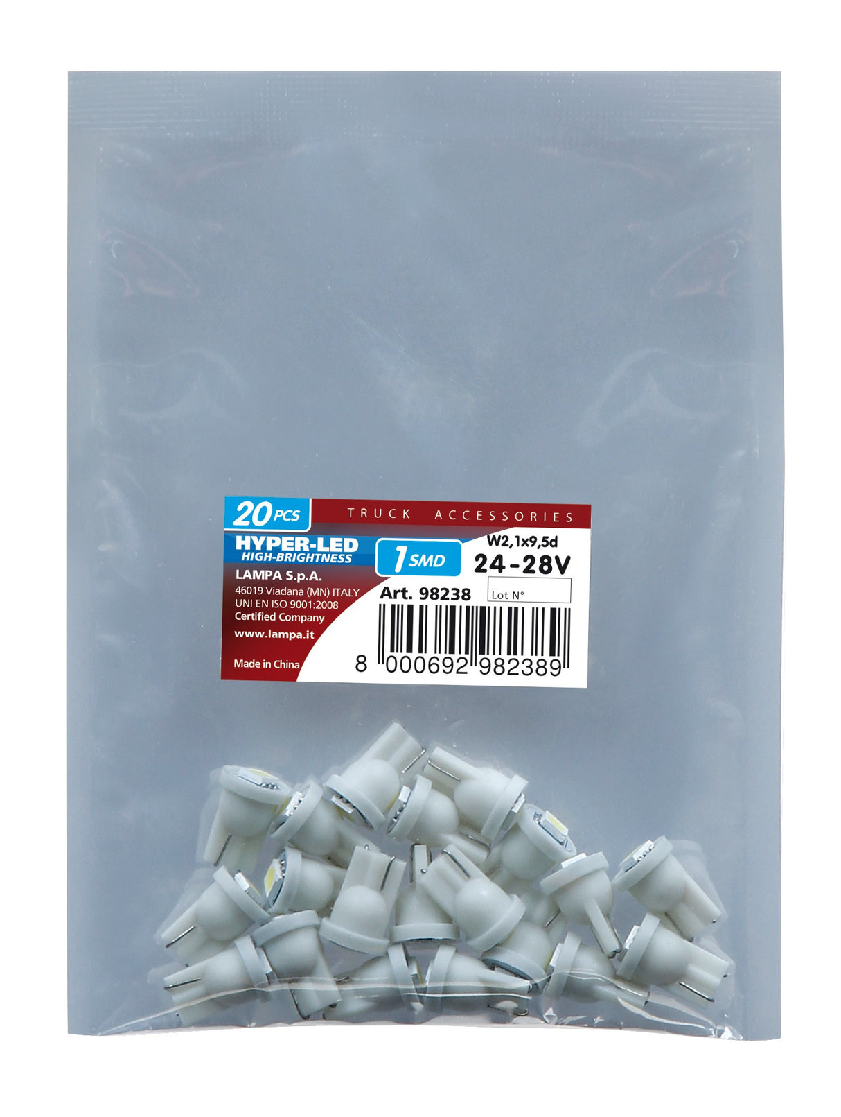 24/28V Hyper-Led 3 - 1 SMD x 3 chips - (T10) - W2,1x9,5d - 20 pz - Busta - Bianco - Doppia polaritÃ