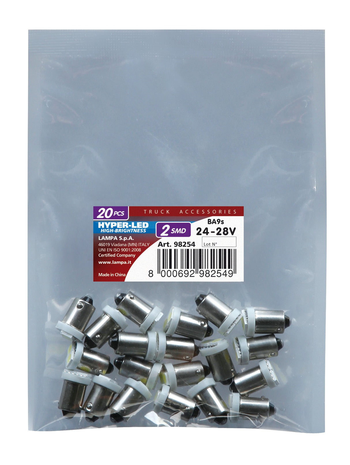 24/28V Hyper-Led 6 - 2 SMD x 3 chips - (T4W) - BA9s - 20 pz - Busta - Bianco - Doppia polaritÃ