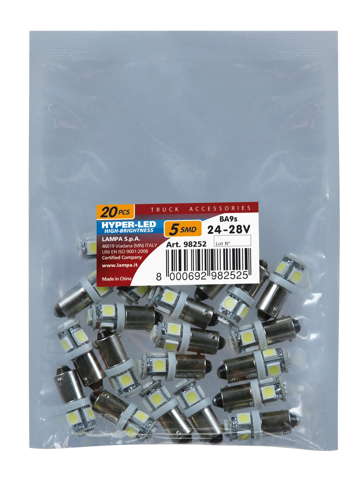 24/28V Hyper-Led 15 - 5 SMD x 3 chips - (T4W) - BA9s - 20 pz - Busta - Bianco - Doppia polaritÃ