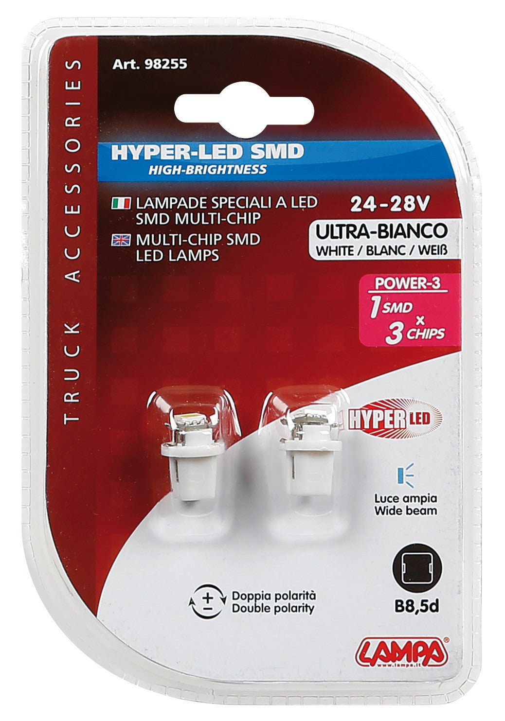 24/28V Hyper-Led 3 - 1 SMD x 3 chips - B8,5d - 2 pz - D/Blister - Bianco - Doppia polaritÃ