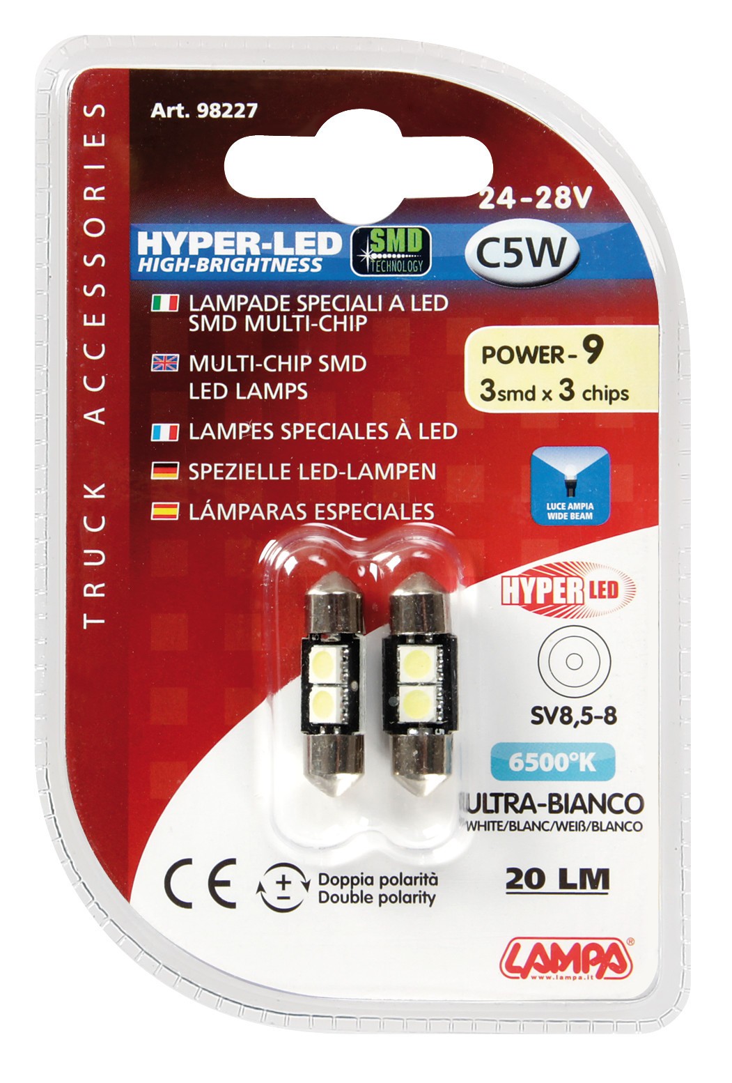 24/28V Hyper-Led 6 - 2 SMD x 3 chips - 10x31 mm - SV8,5-8 - 2 pz - D/Blister - Bianco - Doppia polaritÃ