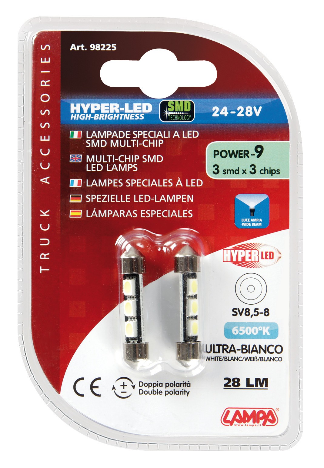 24/28V Hyper-Led 9 - 3 SMD x 3 chips - 10x39 mm - SV8,5-8 - 2 pz - D/Blister - Bianco - Doppia polaritÃ