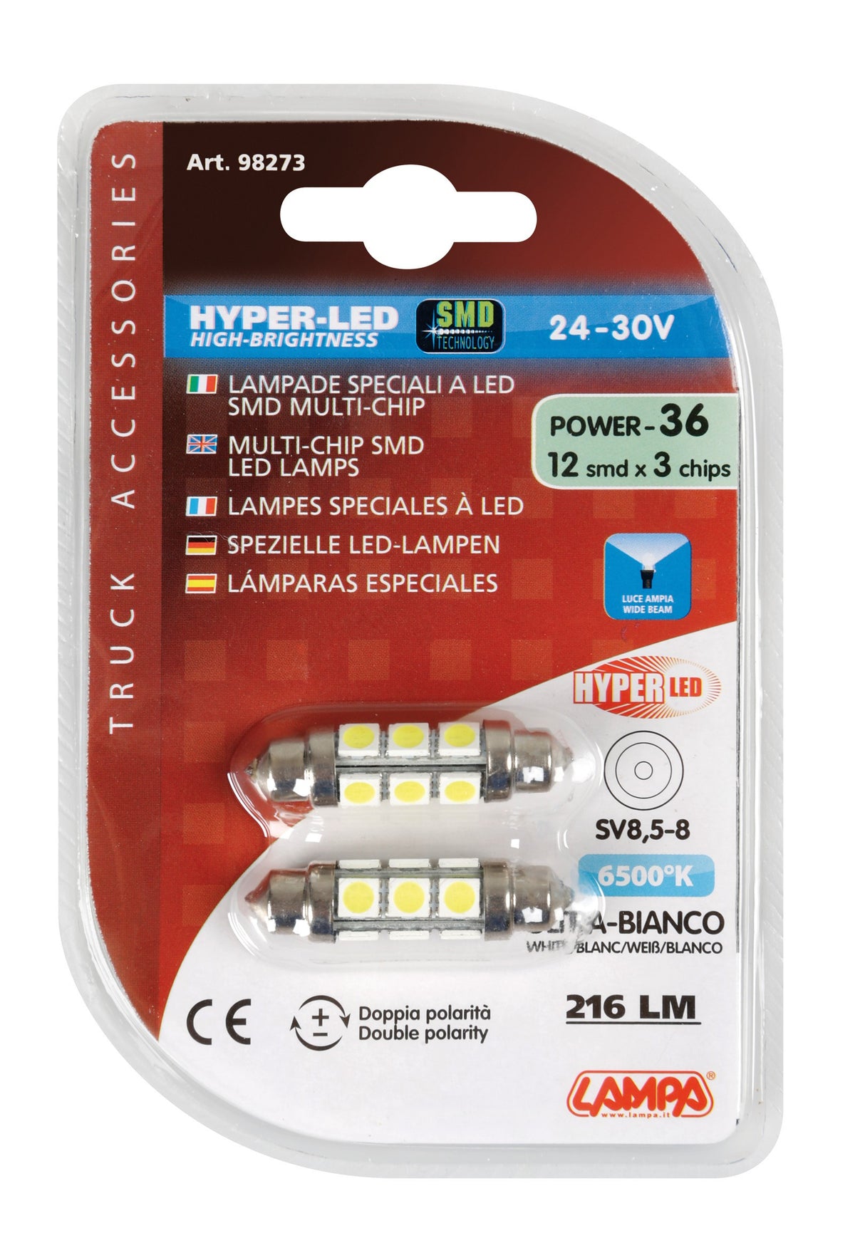 24/30V Hyper-Led 36 - 12 SMD x 3 chips - 11x41 mm - SV8,5-8 - 2 pz - D/Blister - Bianco - Doppia polaritÃ
