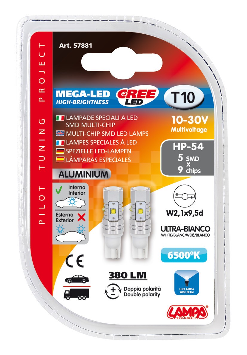 10-30V Mega-Led 45 - 5 SMD x 9 chips - (T10) - W2,1x9,5d - 2 pz - D/Blister - Bianco - Doppia polaritÃ