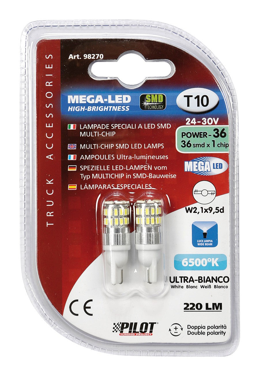 24-30V Mega-Led 36 - 36 SMD x 1 chip - (T10) - W2,1x9,5d - 2 pz - D/Blister - Bianco - Doppia polaritÃ