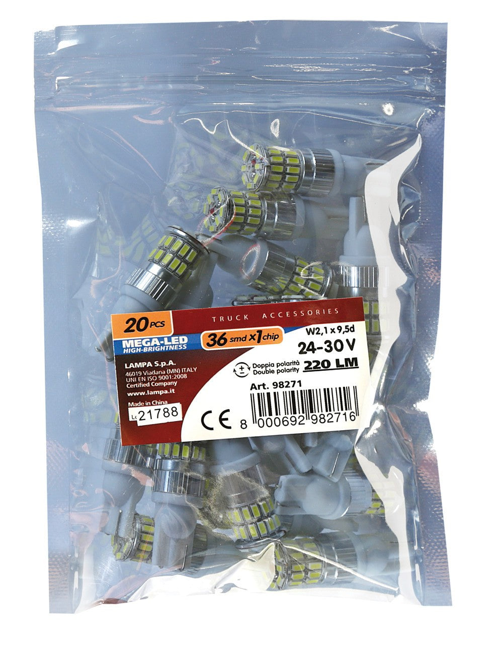 24-30V Mega-Led 36 - 36 SMD x 1 chip - (T10) - W2,1x9,5d - 20 pz - Busta - Bianco - Doppia polaritÃ