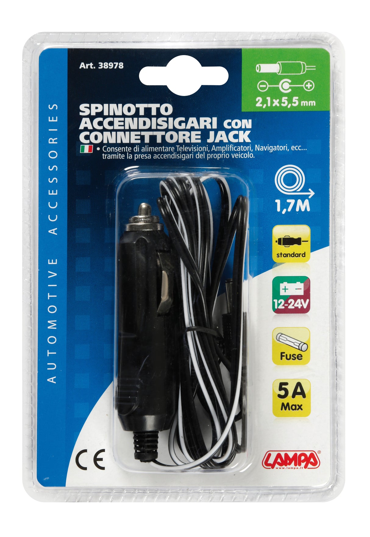 Spinotto per presa accendisigari con connettore jack, 12/24V