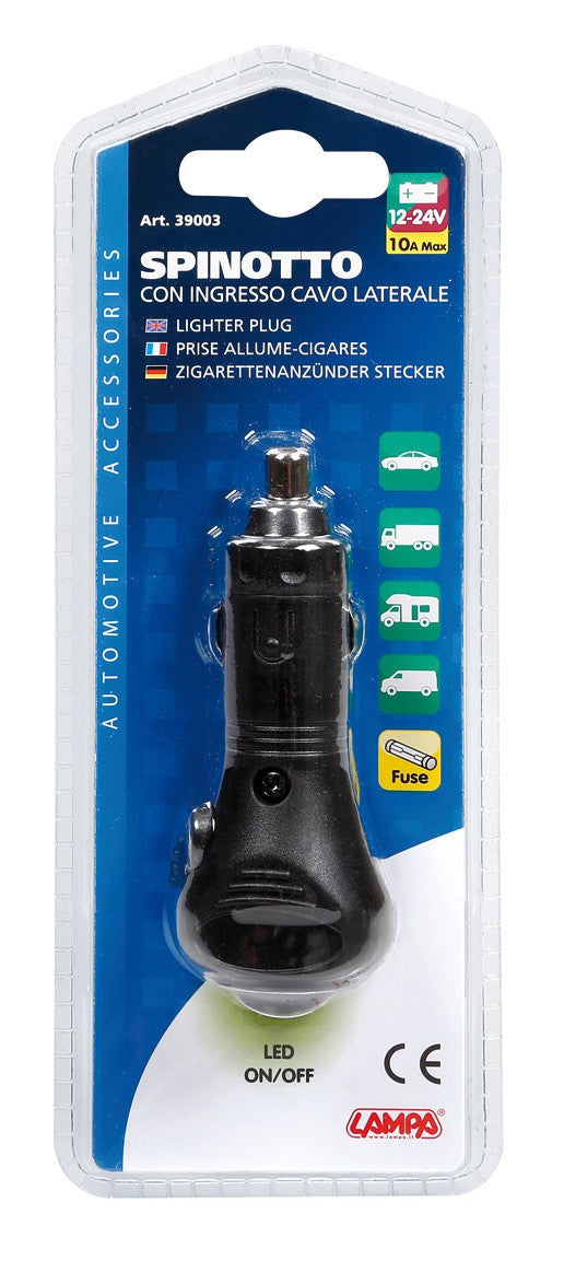 Spinotto per presa accendisigari con ingresso cavo laterale, 12/24V