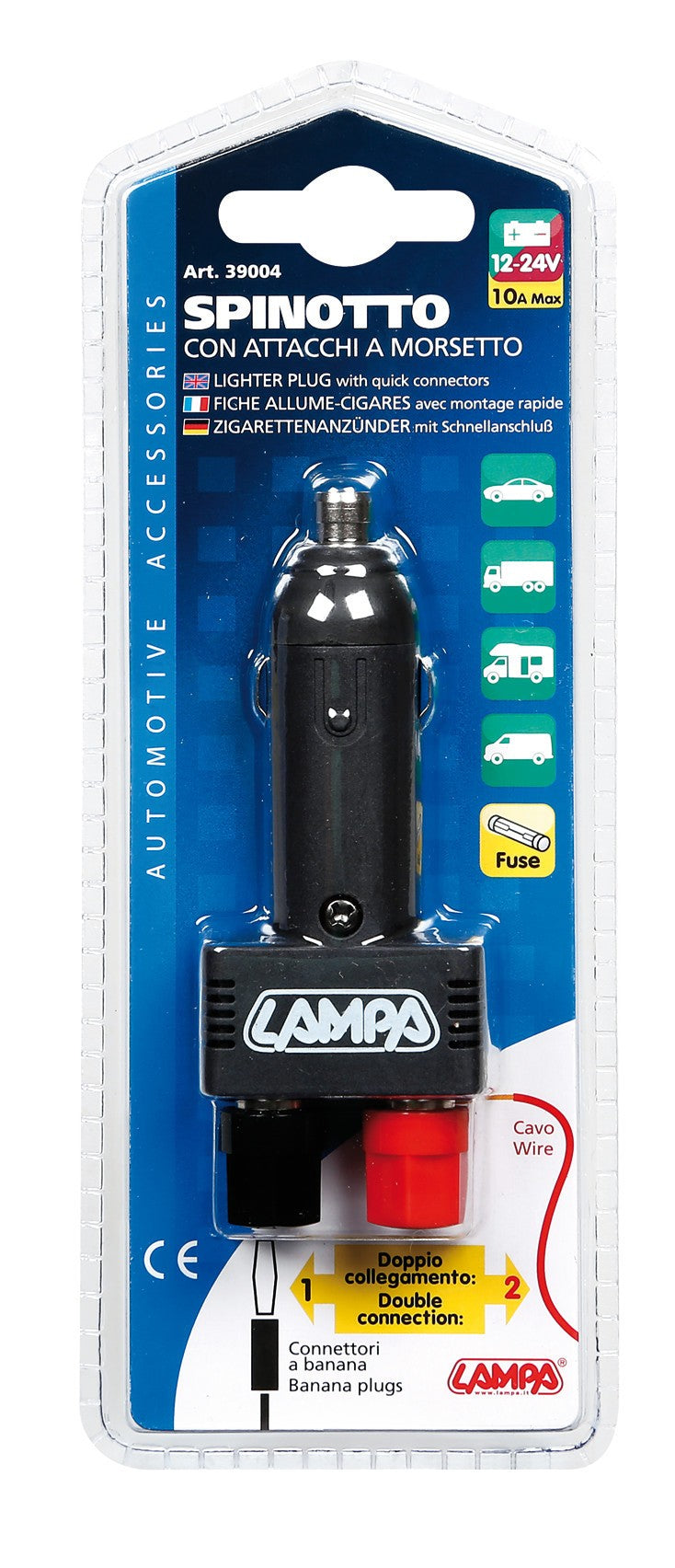 Spinotto per presa accendisigari con attacchi a morsetto, 12/24V