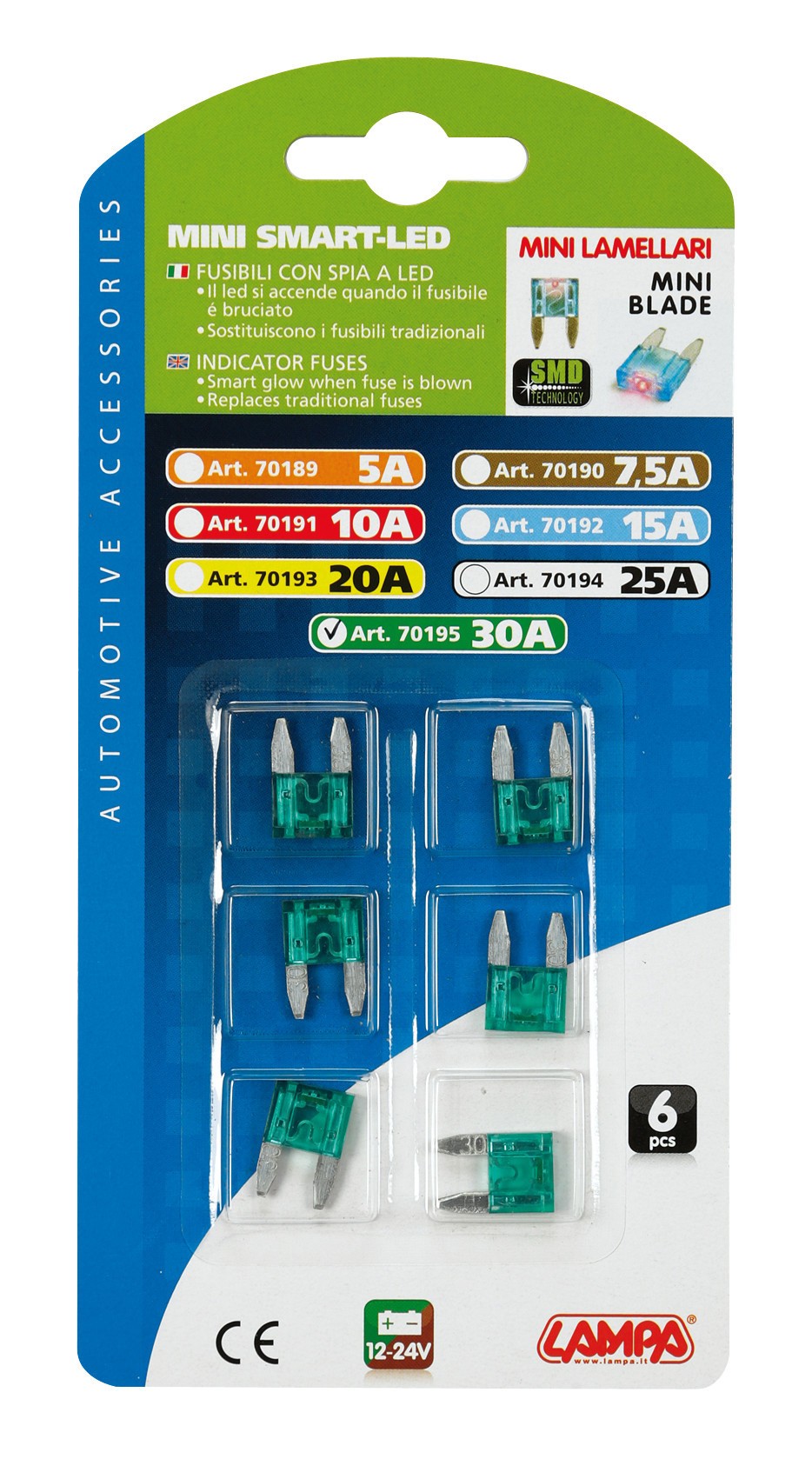 Smart Led, set 6 micro-fusibili lamellari con spia a led, 12/32V - 30A