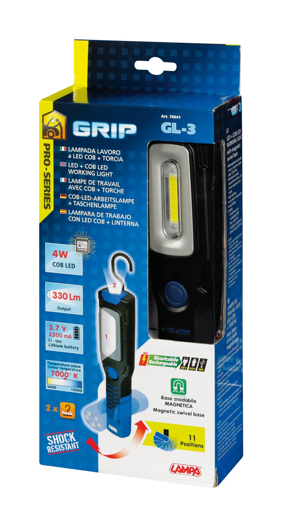 GL-3, lampada da lavoro ricaricabile a LED COB con torcia - 12/24/230V
