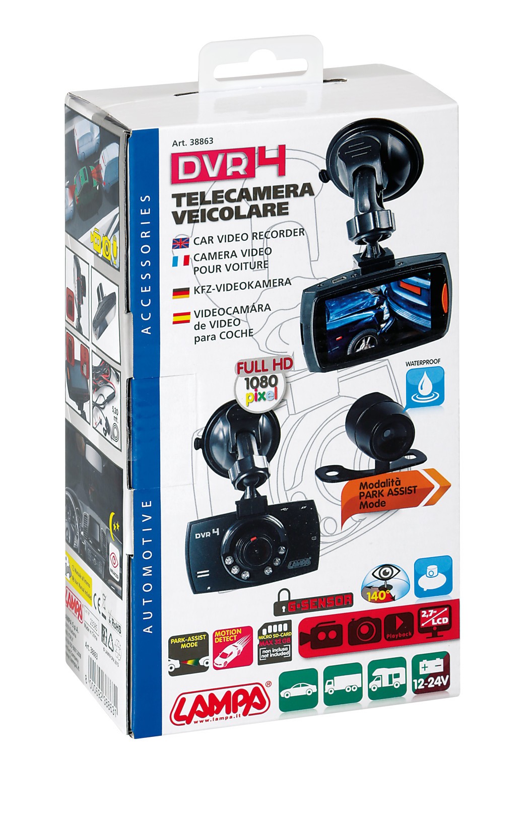 DVR-4, telecamera veicolare 1080p con park assit - 12/24V