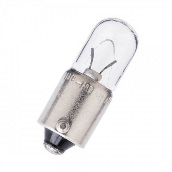 Lampadina Hella T4W 24V 4W con attacco BA9s, dettaglio del bulbo e della base a baionetta