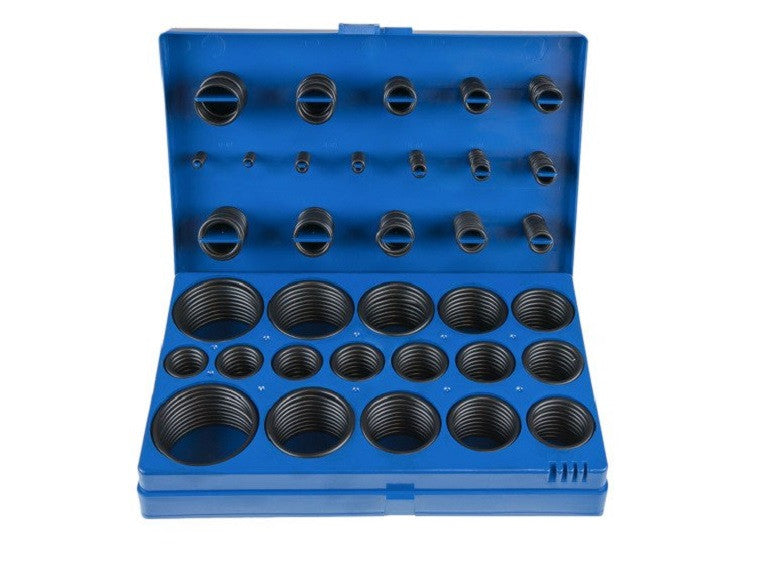 Set O-ring in scatola blu aperta, vista frontale della disposizione delle 32 misure assortite