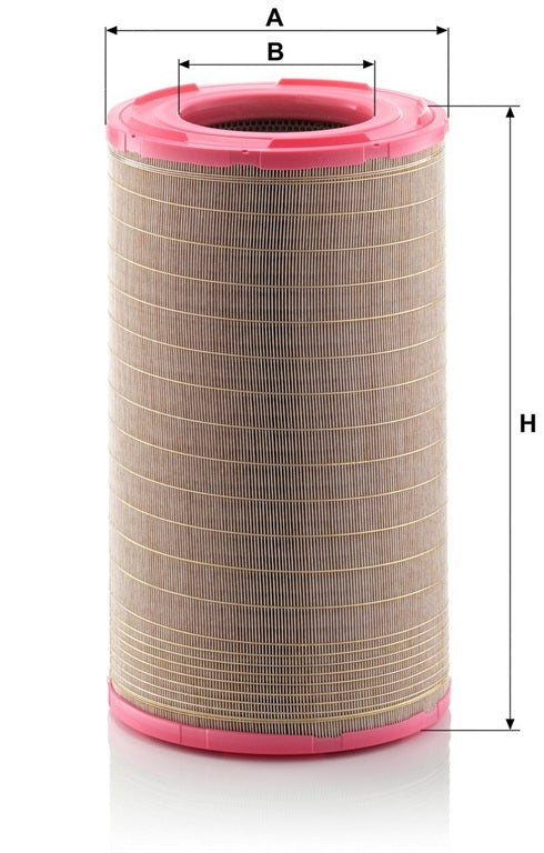 Filtro aria Mann Filter C301500 con indicazione delle quote A, diametro esterno, B, diametro interno, e H, altezza
