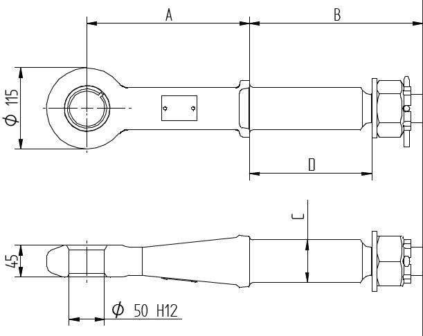 Disegno tecnico dell'occhione timone con quote A, B, C, diametro esterno dell'occhio Ø 115 e foro Ø 50 H12