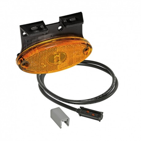 Luce laterale arancione a LED con cavo da 0,5m P&R, resinato direttamente nel fanalino e staffa di fissaggio rivolta in avanti.