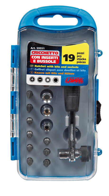 Set cricchetto con inserti e bussole, 19 pz