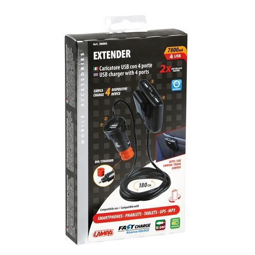 4-Port USB Charger with Extension Cable - Fast Charge - 7800 mA - 12/24V