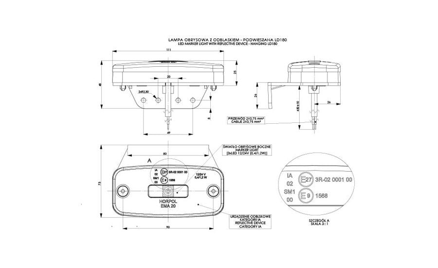 Luce laterale FLATPOINT II arancione con staffa verso catadiottro e cavo da 1,5 m.