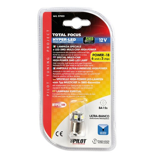 12V Hyper-Led 18 - 6 SMD x 3 chips - (P21W) - BA15s - 1 pc - D/Blister - White - Double polarity