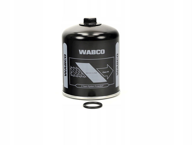 Filtro essiccatore Wabco nero in vista frontale, con logo e anello di tenuta separato
