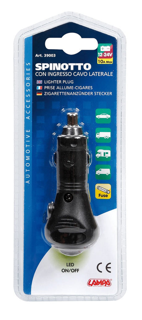 Spinotto per presa accendisigari con ingresso cavo laterale, 12/24V