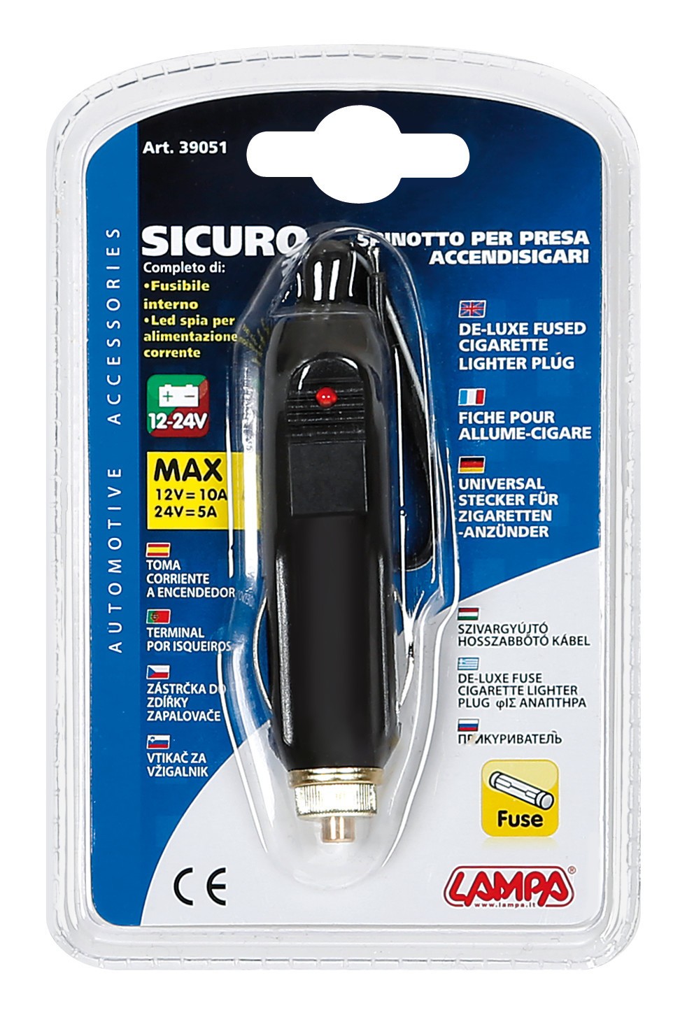 Sicuro, spinotto per presa accendisigari 12/24V