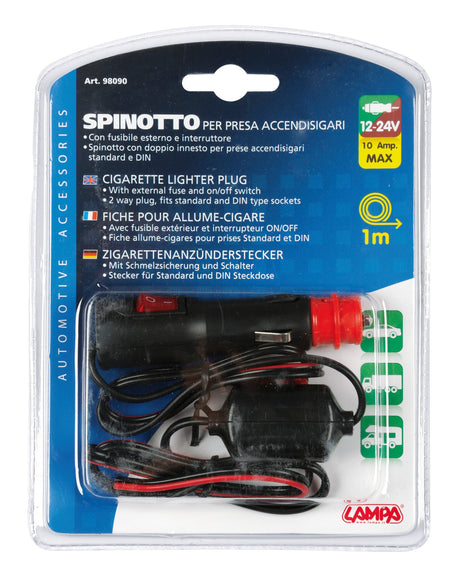 Spinotto per presa accendisigari con fusibile esterno - 12/24V