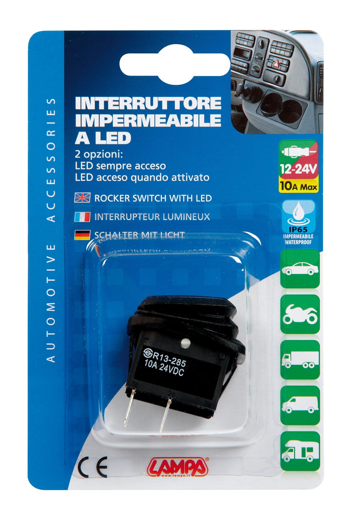 Interruttore impermeabile con led - 12/24V - Blu