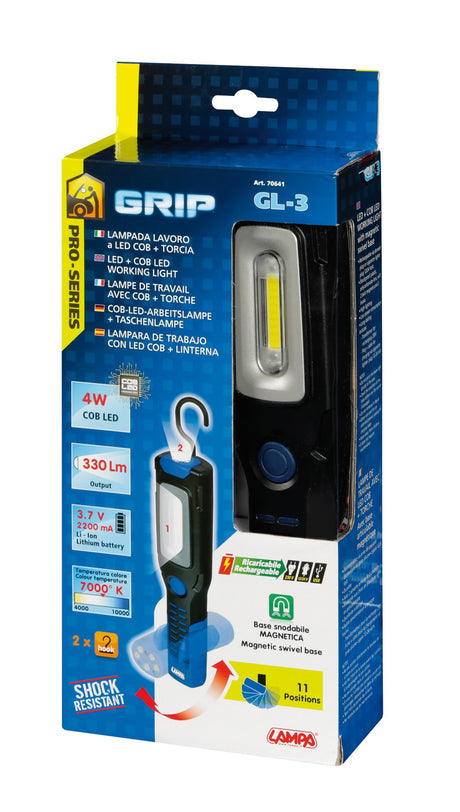 GL-3, lampada da lavoro ricaricabile a LED COB con torcia - 12/24/230V