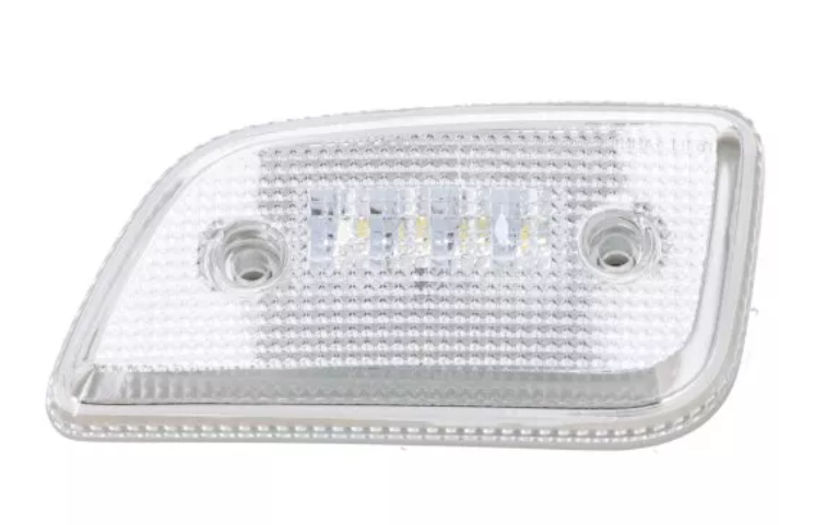 Luce ingombro cabina LED sinistra per Mercedes-Benz Actros MP4 e Arocs, vista frontale con lente trasparente