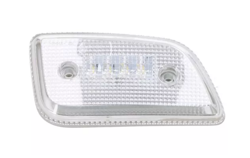 Luce ingombro cabina LED destra per Mercedes-Benz Actros MP4 e Arocs, vista frontale con lente trasparente