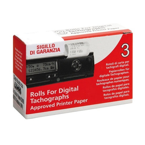 Confezione bianca e rossa da 3 rotoli di carta per tachigrafo digitale