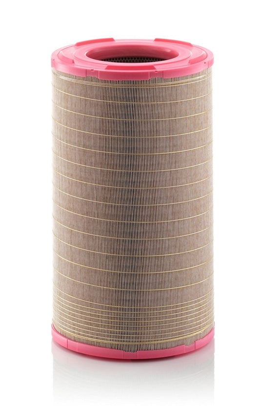 Filtro aria motore Mann Filter C301500 cilindrico, con estremità rosa e superficie filtrante protetta da rete