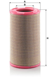 Filtro aria Mann Filter C301500 con indicazione delle quote A, diametro esterno, B, diametro interno, e H, altezza