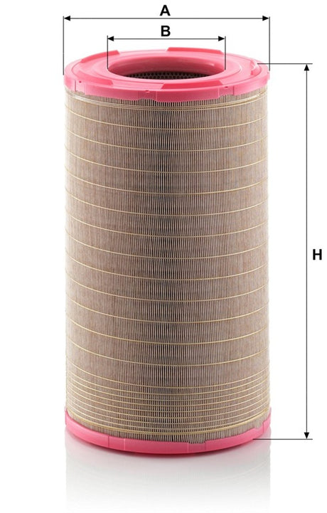 Filtro aria Mann Filter C301500 con indicazione delle quote A, diametro esterno, B, diametro interno, e H, altezza