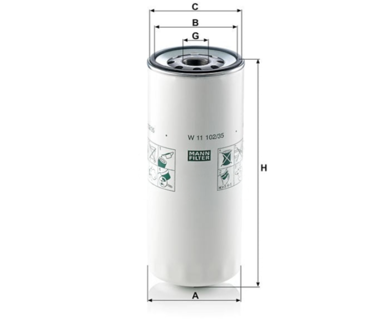 Schema dimensionale del filtro olio MANN-FILTER W 11 102/35 con riferimenti A, B, C, G e H