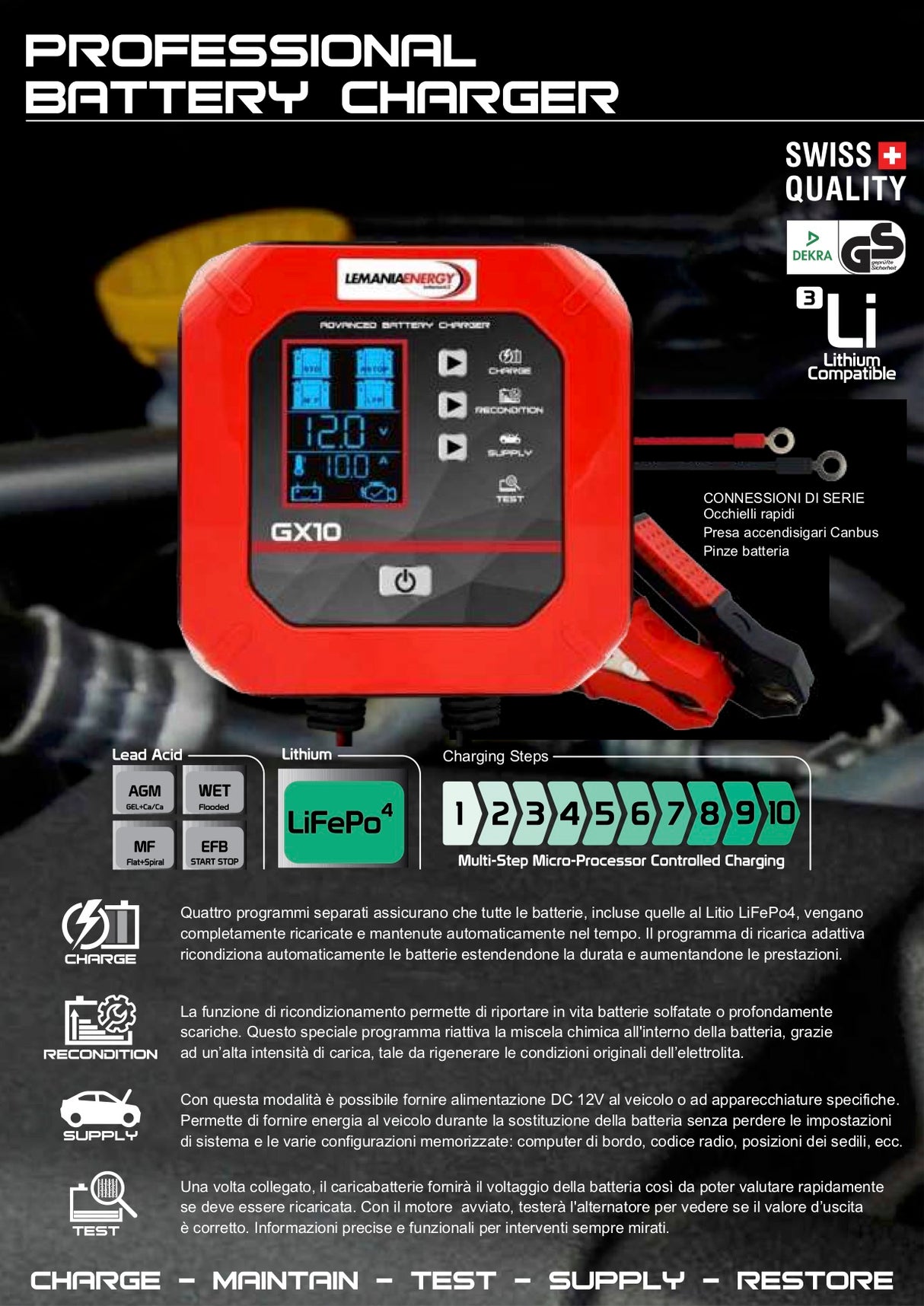 Carica batterie / mantenitore professionale 12V 10A