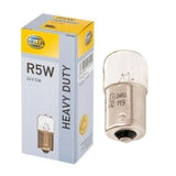 Lampadina Hella R5W 24V 5W con confezione, vista del bulbo e della base a baionetta