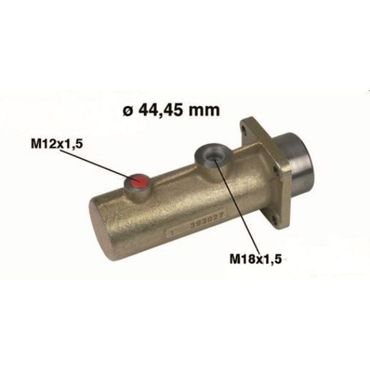 Pompa freno Iveco con indicazioni del diametro 44,45 mm e delle filettature M12×1,5 e M18×1,5