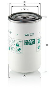 Schema dimensionale del filtro gasolio MANN-FILTER WK 727 con riferimenti A, B, C, G e H