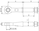 Disegno tecnico dell'occhione timone con quote A, B, C, diametro esterno dell'occhio Ø 115 e foro Ø 50 H12